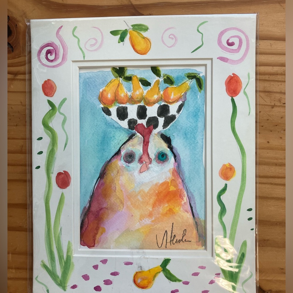An Original matted , watercolor painting on watercolor paper Chicken with Pears